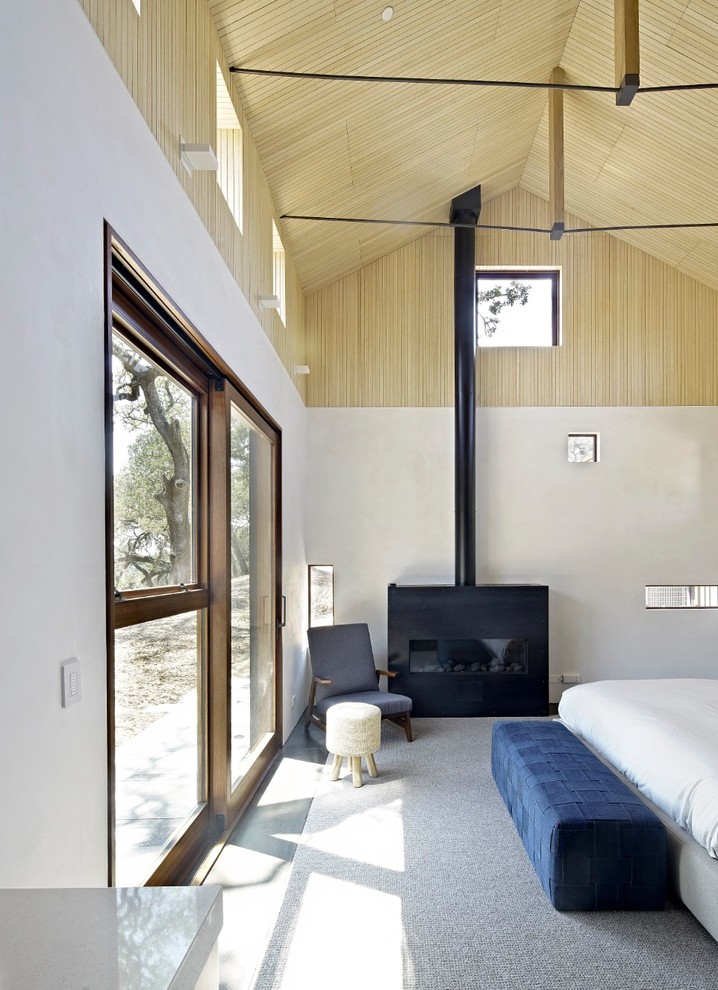 Стильный дизайн: большая хозяйская спальня в стиле рустика с белыми стенами, бетонным полом, печью-буржуйкой, фасадом камина из металла и серым полом - последний тренд