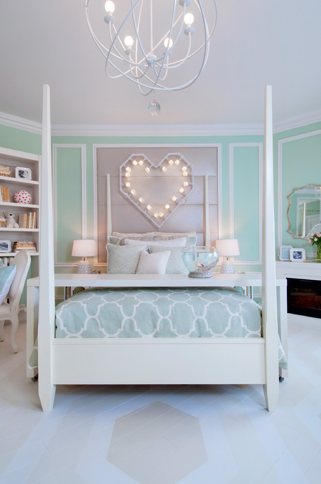 Example of a transitional painted wood floor bedroom design in San Francisco with blue walls