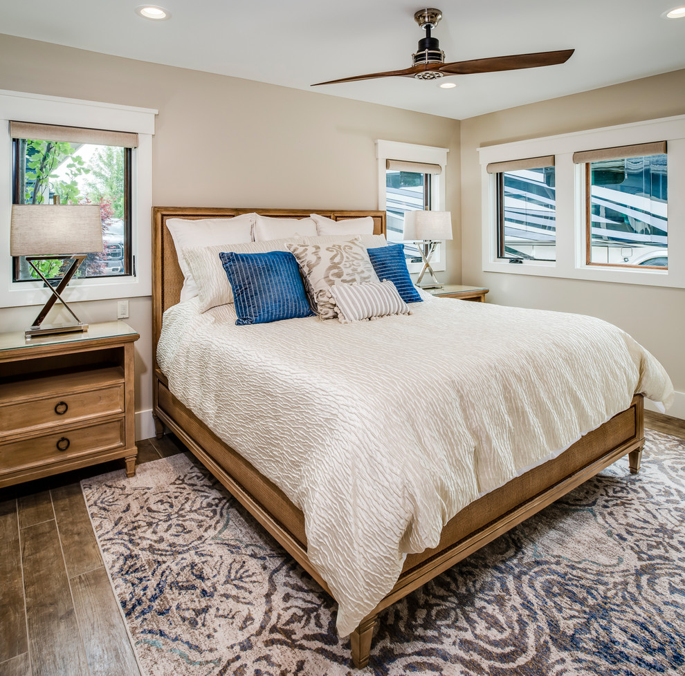 Classic master bedroom in Other with beige walls, ceramic flooring and brown floors.