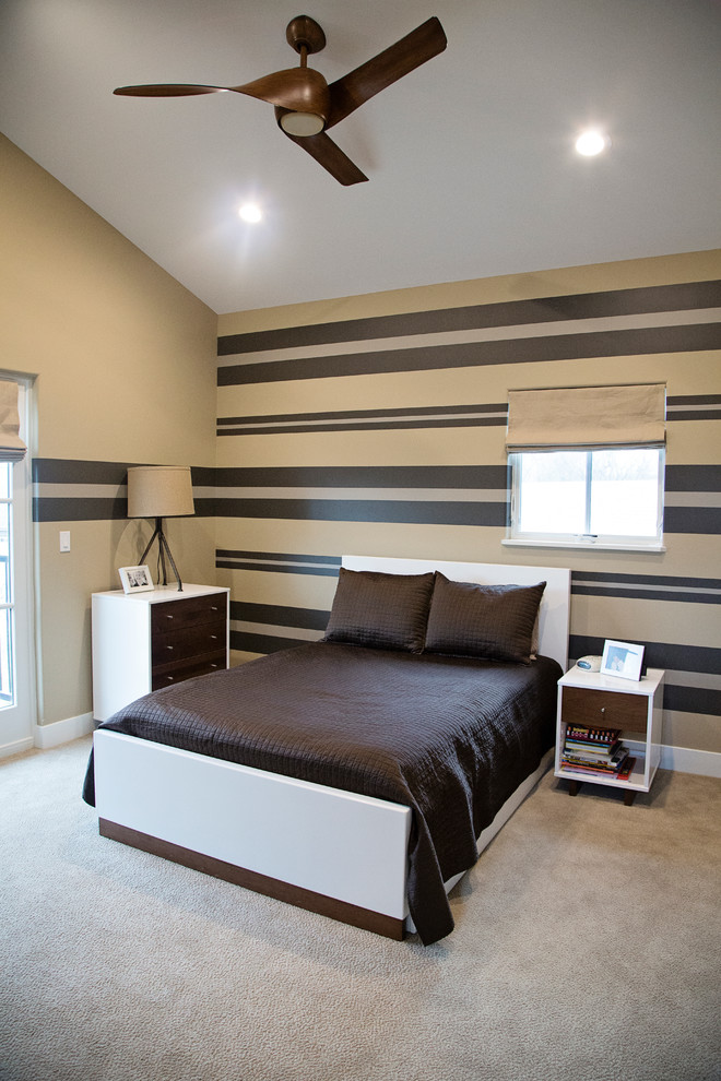 シーダーラピッズにあるトランジショナルスタイルのおしゃれな寝室 (マルチカラーの壁、カーペット敷き、アクセントウォール)