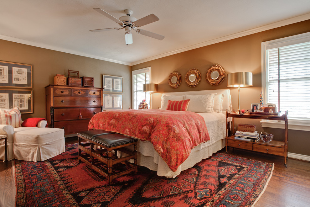 Design ideas for a medium sized classic master bedroom in Dallas with brown walls, dark hardwood flooring and no fireplace.