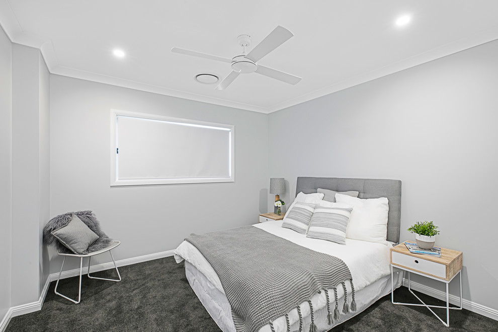 Modelo de habitación de invitados contemporánea de tamaño medio con paredes grises, moqueta y suelo gris