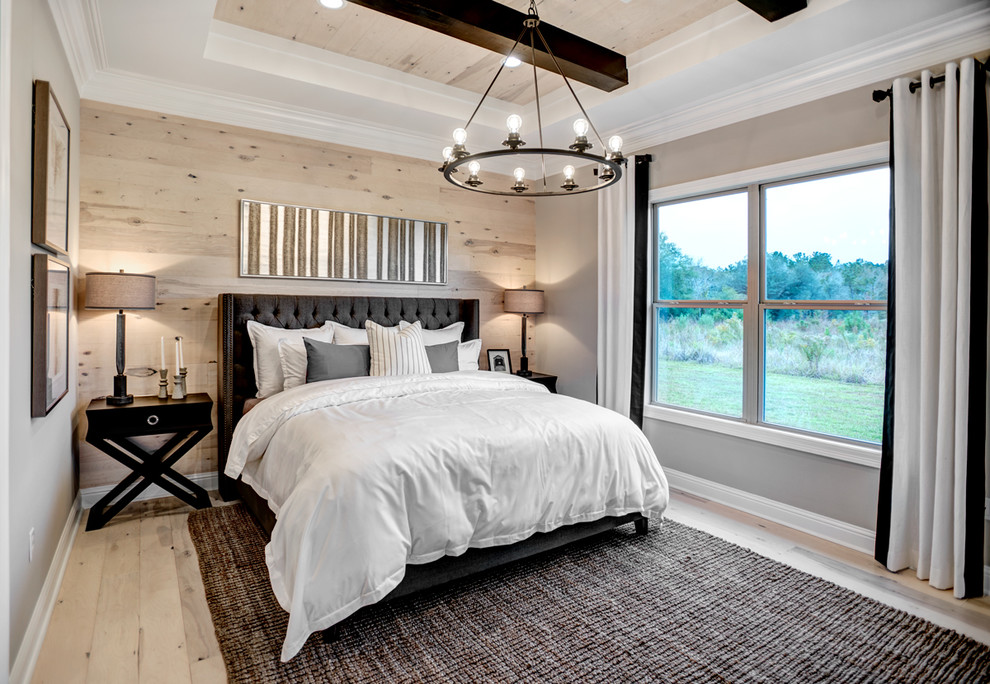 Landhaus Schlafzimmer mit beiger Wandfarbe, hellem Holzboden und beigem Boden