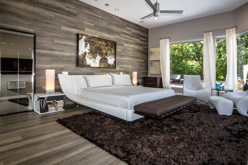 Bedroom - large contemporary master dark wood floor bedroom idea in Dallas with gray walls and no fireplace