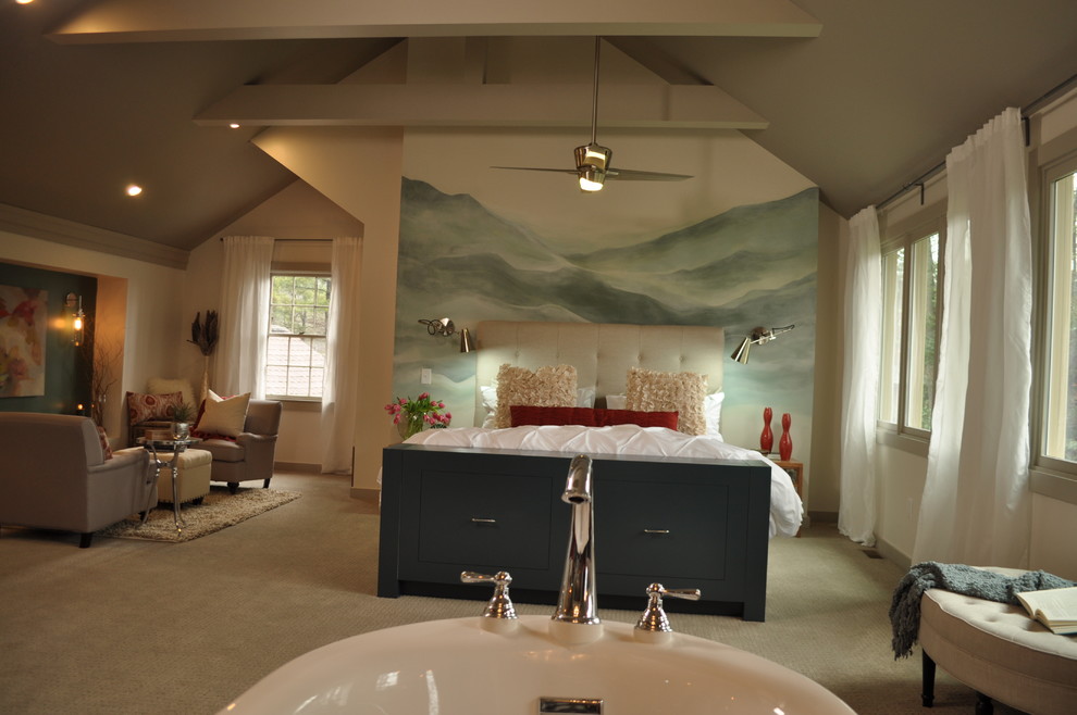 Example of a huge trendy master carpeted and beige floor bedroom design in Atlanta with white walls and no fireplace