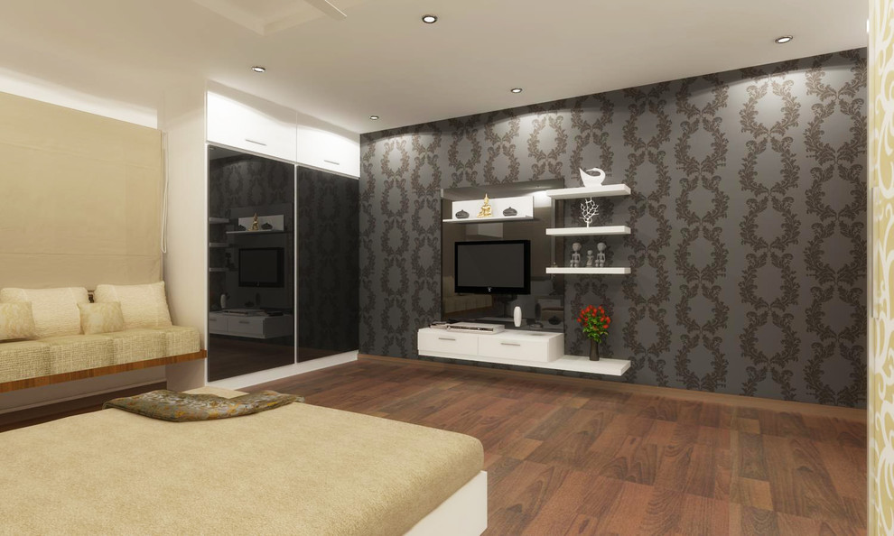 Example of a transitional bedroom design in Hyderabad