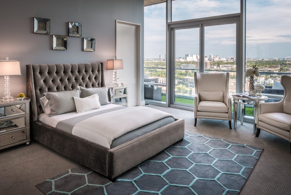 Идея дизайна: большая гостевая спальня (комната для гостей) в современном стиле с серыми стенами и ковровым покрытием