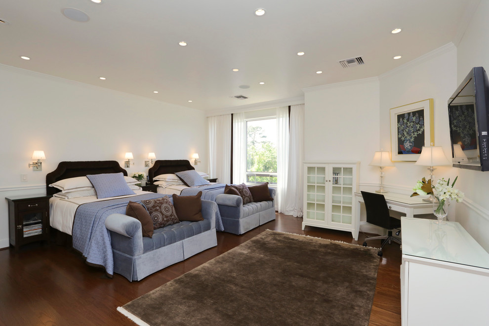 Bedroom - traditional guest dark wood floor bedroom idea in Houston with white walls
