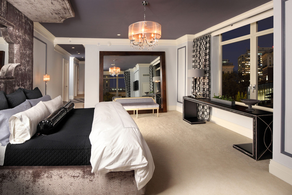 フィラデルフィアにある広いトランジショナルスタイルのおしゃれな主寝室 (グレーの壁、カーペット敷き) のインテリア