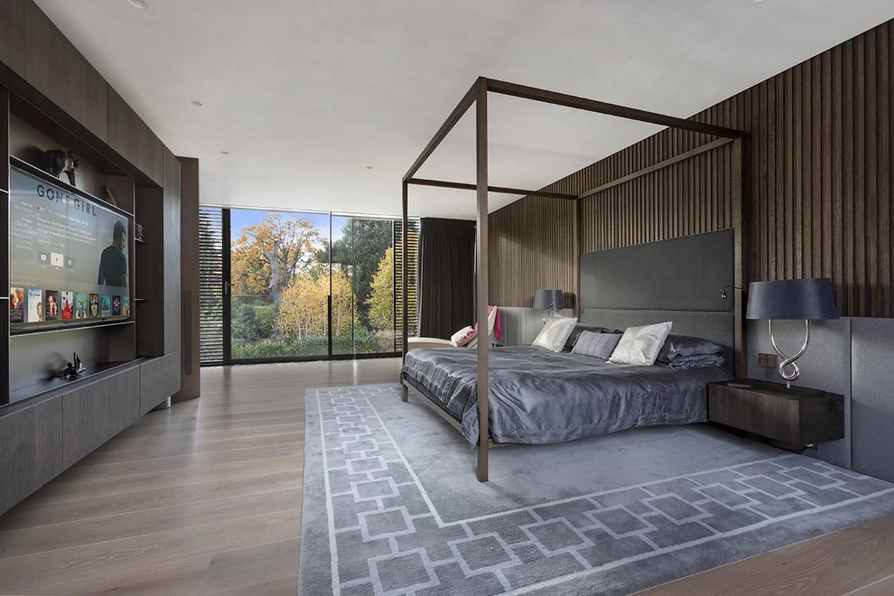 Идея дизайна: большая хозяйская спальня в стиле модернизм с коричневыми стенами, паркетным полом среднего тона и бежевым полом