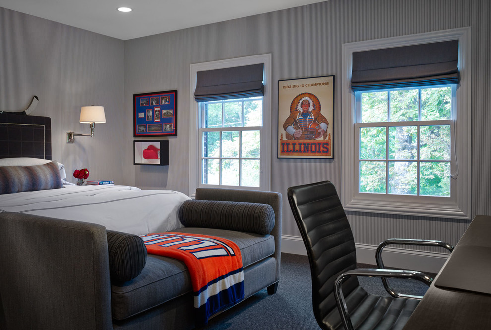 Стильный дизайн: спальня в стиле неоклассика (современная классика) с серыми стенами - последний тренд