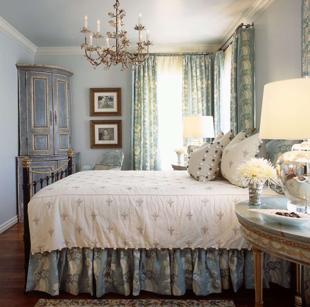 Example of a classic bedroom design in Dallas with blue walls