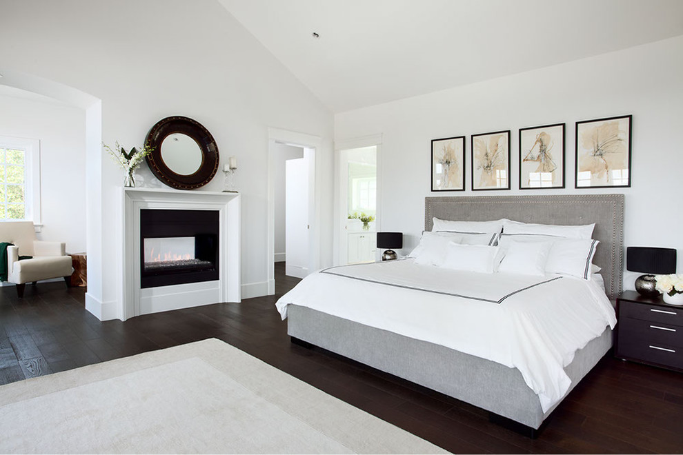 Immagine di una camera da letto contemporanea con pareti bianche, parquet scuro e camino bifacciale