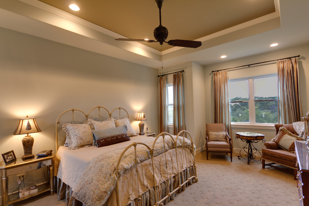 Example of a mid-sized arts and crafts guest carpeted and beige floor bedroom design in Austin with gray walls and no fireplace