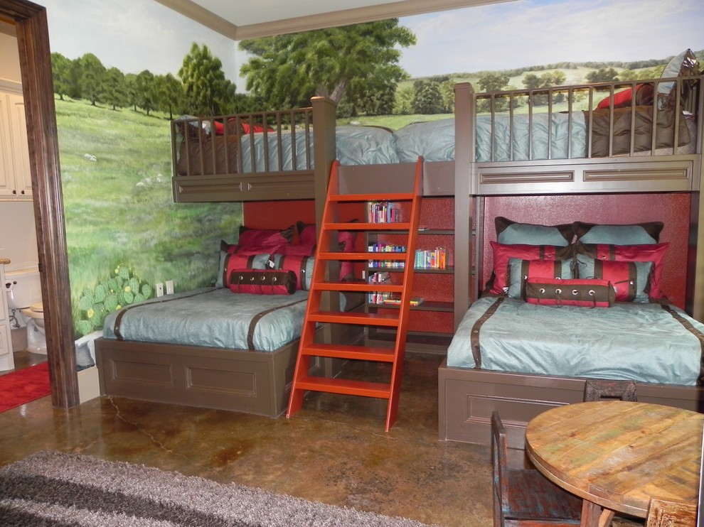 Esempio di una camera degli ospiti stile rurale con pareti multicolore e pavimento in cemento