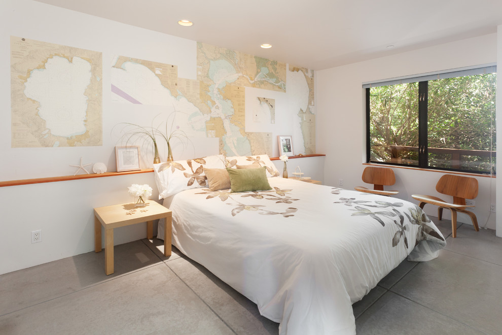Diseño de habitación de invitados actual de tamaño medio sin chimenea con paredes blancas y suelo de cemento