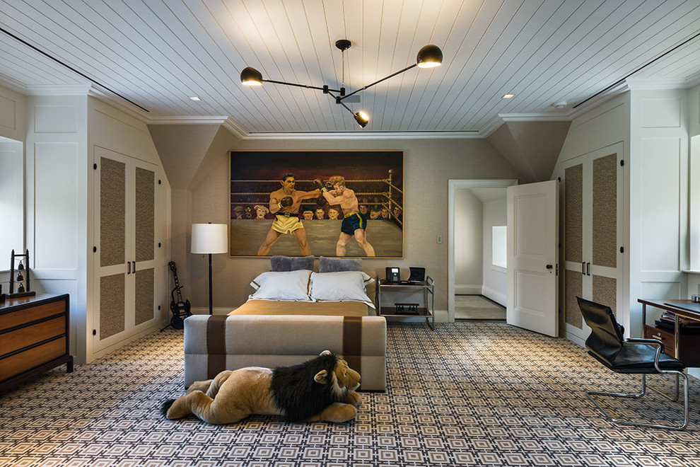 Diseño de dormitorio contemporáneo con paredes beige, moqueta y con escritorio