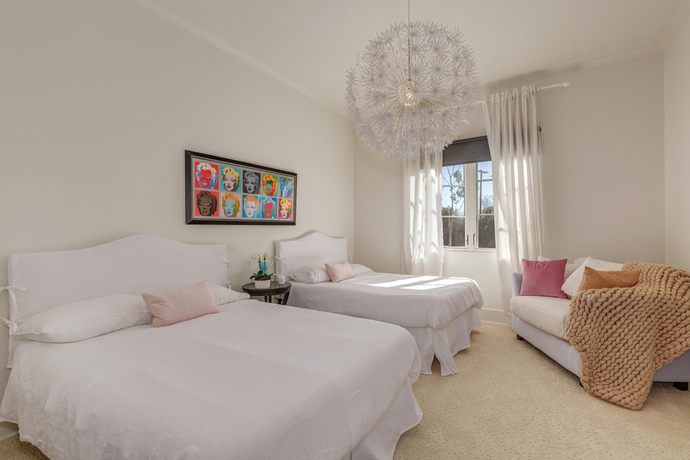 Medium sized classic guest and grey and pink bedroom in Los Angeles with white walls, carpet and no fireplace.