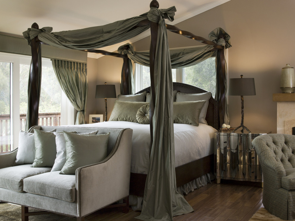 Inspiration for a large transitional master dark wood floor bedroom remodel in San Francisco with brown walls