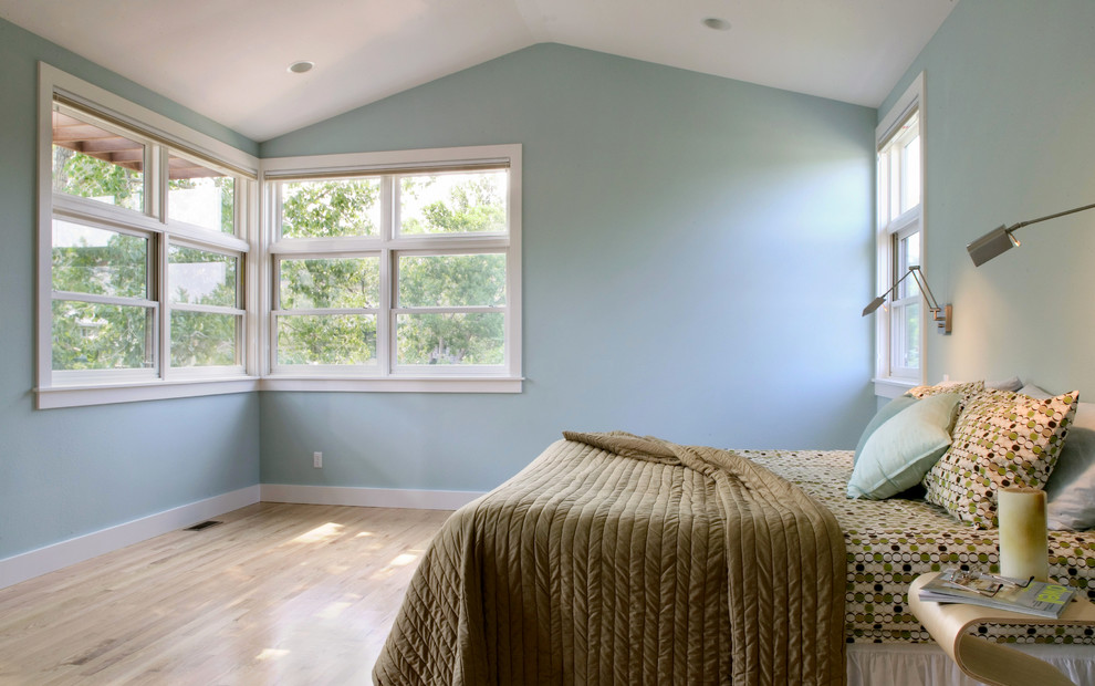 Imagen de dormitorio principal minimalista con paredes azules y suelo de madera en tonos medios