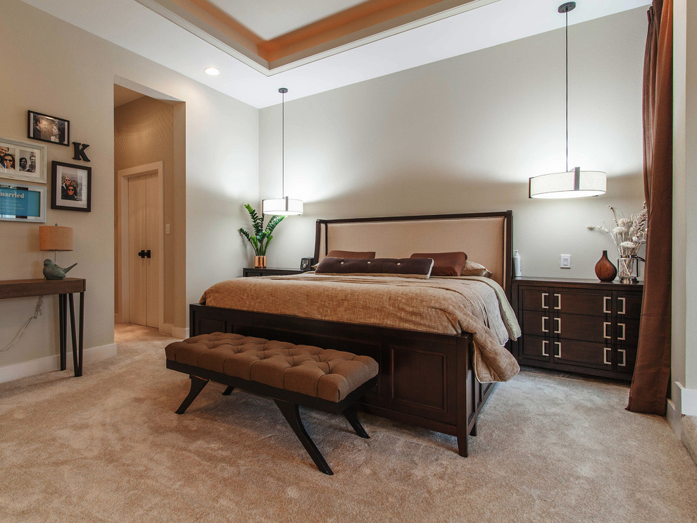 Trendy carpeted and beige floor bedroom photo in Dallas