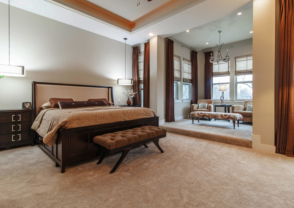 This is an example of a contemporary bedroom in Dallas with carpet and beige floors.