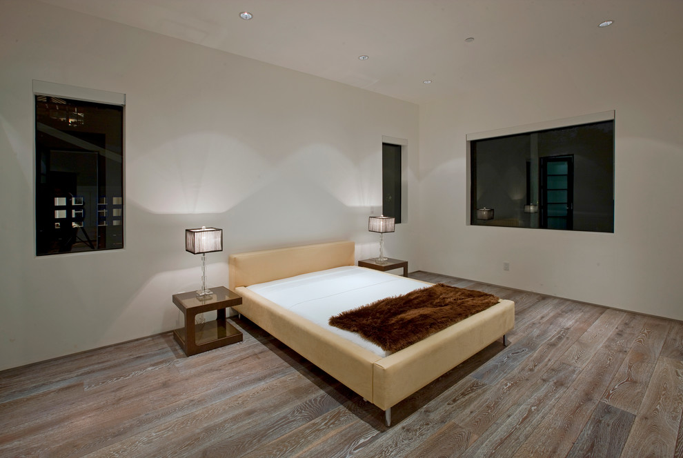 Foto de habitación de invitados minimalista de tamaño medio sin chimenea con paredes blancas y suelo de madera en tonos medios
