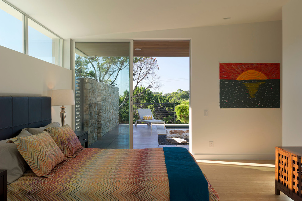Mittelgroßes Modernes Hauptschlafzimmer ohne Kamin mit weißer Wandfarbe, hellem Holzboden und braunem Boden in Austin