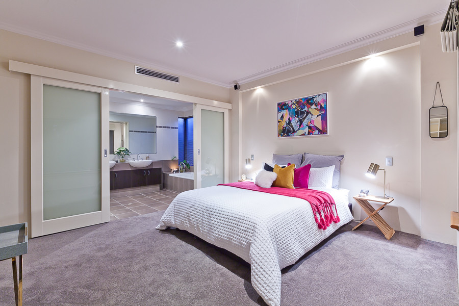 Mid-sized minimalist master carpeted and gray floor bedroom photo in Perth with no fireplace