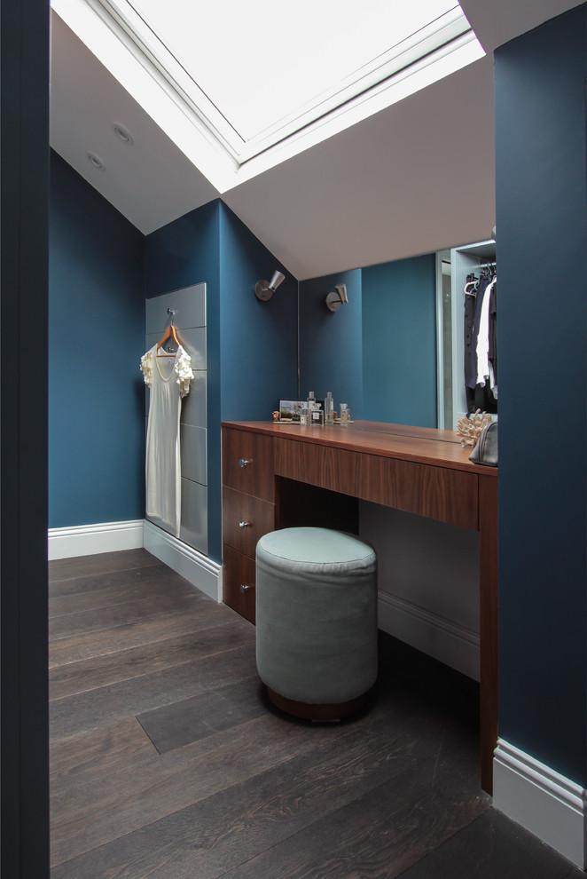 Пример оригинального дизайна: хозяйская спальня среднего размера в современном стиле с синими стенами, темным паркетным полом и коричневым полом