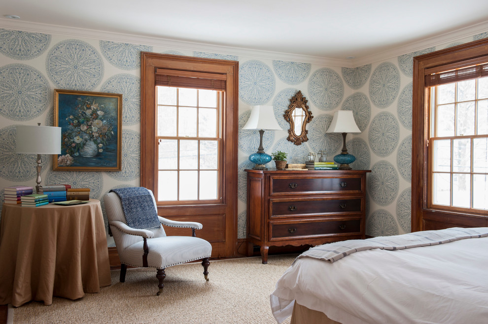 Example of a classic bedroom design in Bridgeport with no fireplace