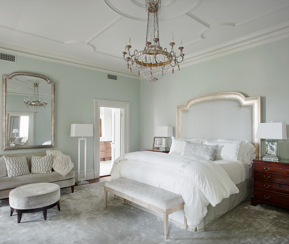 Traditional master bedroom in Atlanta with grey walls.