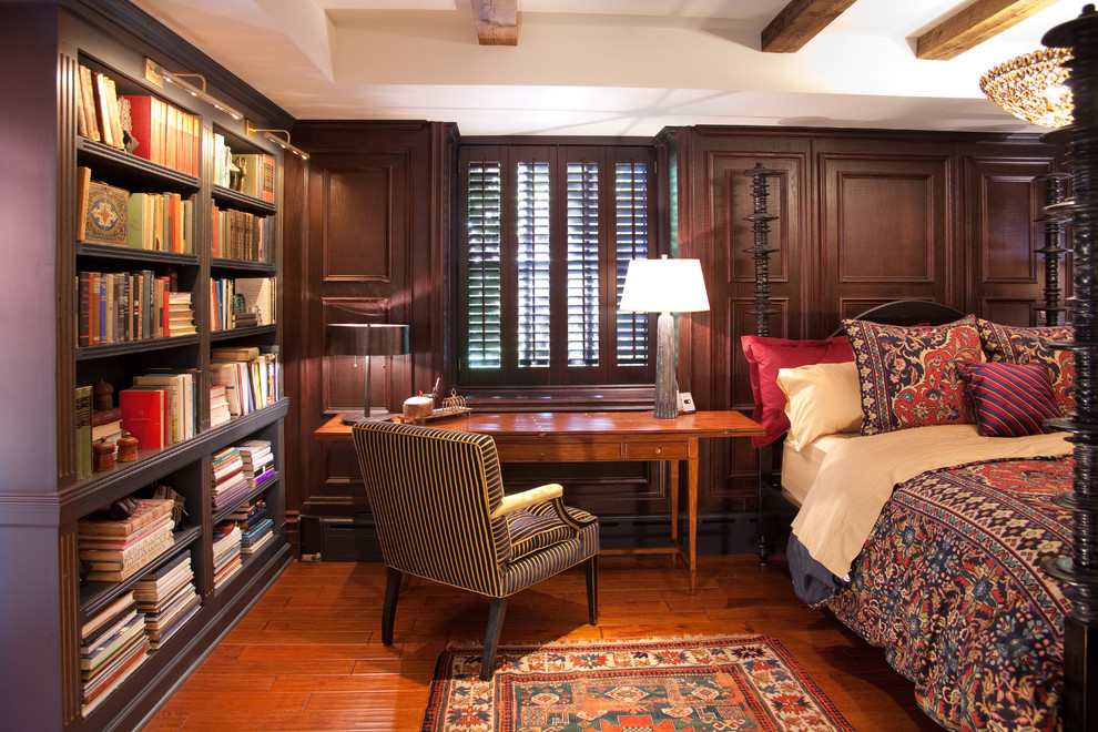 Inspiration for a timeless medium tone wood floor bedroom remodel in Chicago with brown walls
