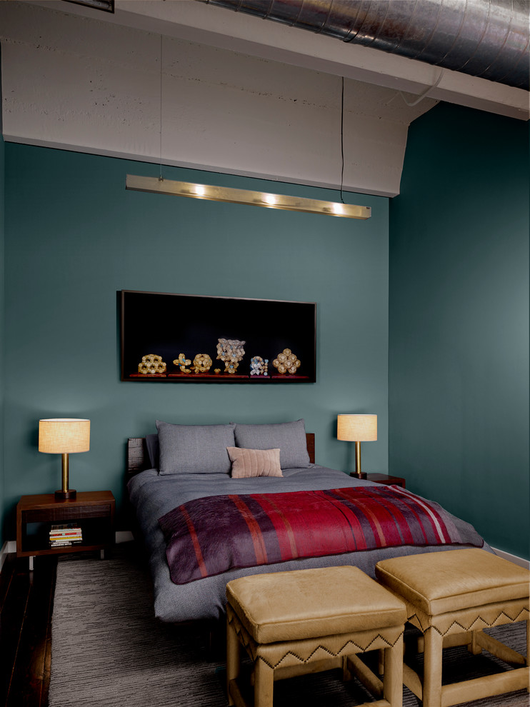 Пример оригинального дизайна: гостевая спальня среднего размера, (комната для гостей) в стиле лофт с синими стенами и паркетным полом среднего тона