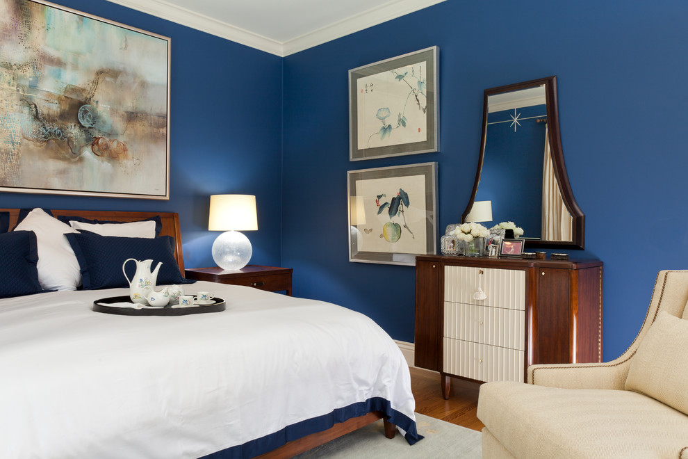 サンフランシスコにあるトラディショナルスタイルのおしゃれな寝室 (青い壁) のレイアウト