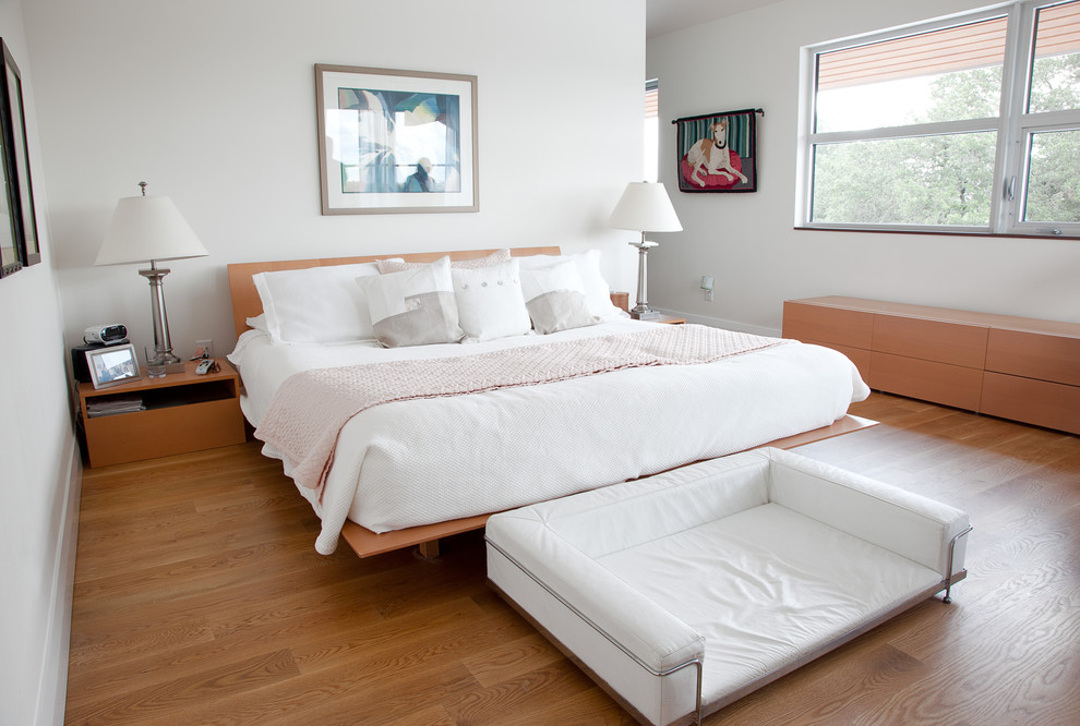 Diseño de dormitorio principal minimalista con paredes blancas y suelo de madera en tonos medios