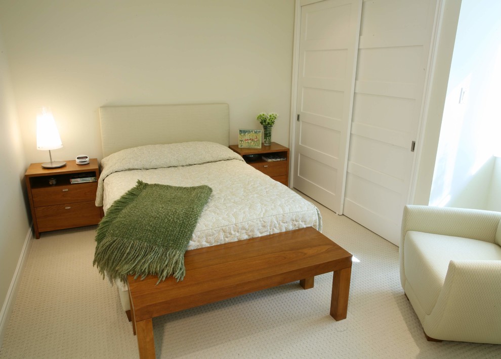 Ejemplo de habitación de invitados moderna de tamaño medio con paredes blancas y moqueta