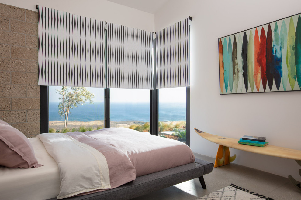 На фото: гостевая спальня среднего размера, (комната для гостей) в стиле модернизм с белыми стенами, бетонным полом и серым полом с