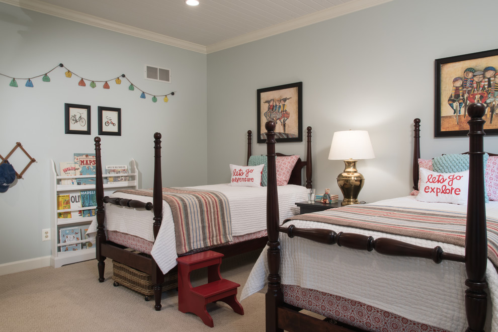 Example of a mid-sized transitional guest carpeted bedroom design in Raleigh with blue walls