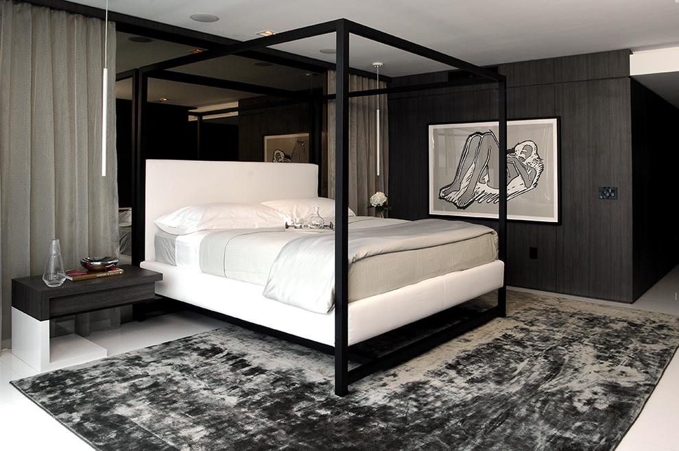 Diseño de dormitorio principal actual sin chimenea con paredes negras y suelo blanco