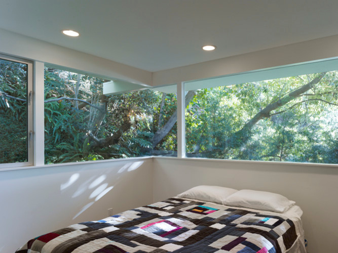 Immagine di una camera degli ospiti design di medie dimensioni con pareti bianche