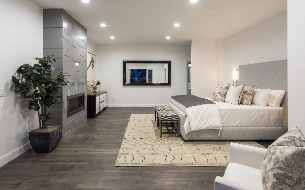 Großes Modernes Hauptschlafzimmer mit weißer Wandfarbe, dunklem Holzboden, Gaskamin, Kaminumrandung aus Metall und braunem Boden in Los Angeles