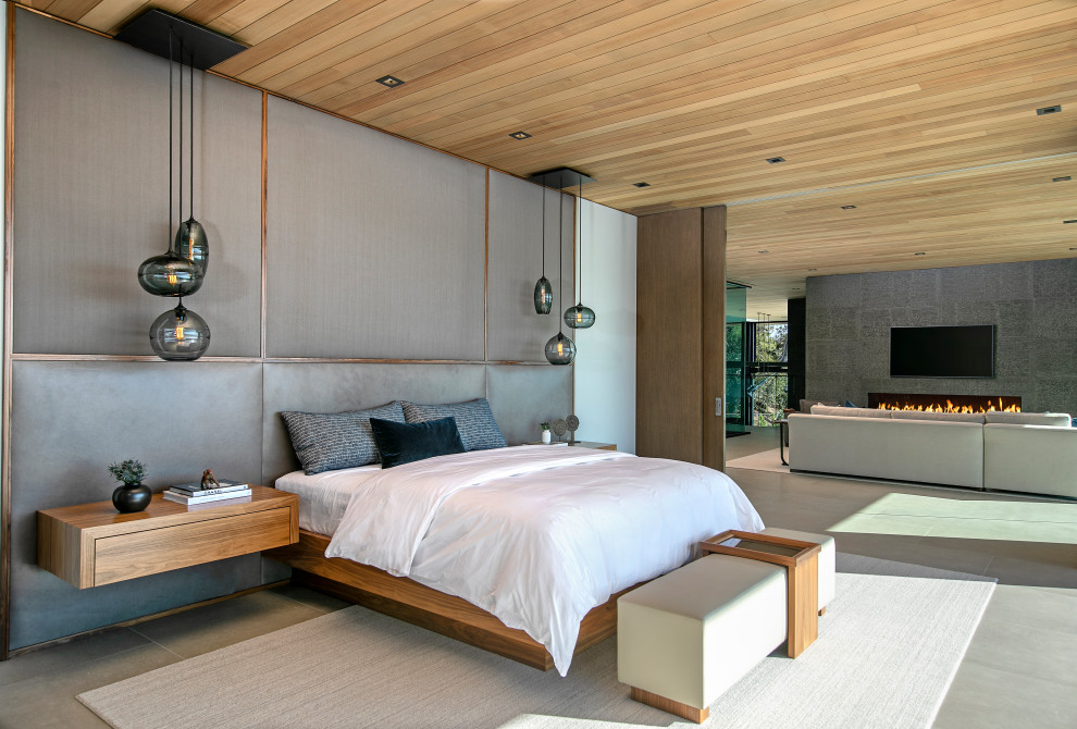 Example of a trendy master gray floor bedroom design in Orange County with gray walls