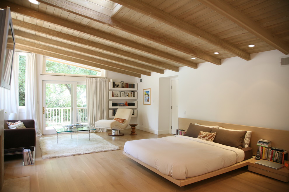 ロサンゼルスにある広い北欧スタイルのおしゃれな主寝室 (白い壁、淡色無垢フローリング、標準型暖炉、石材の暖炉まわり)