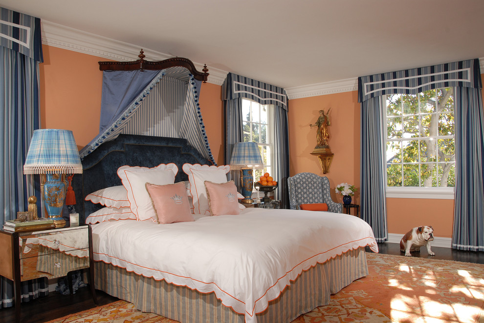 Inspiration för ett vintage sovrum, med orange väggar