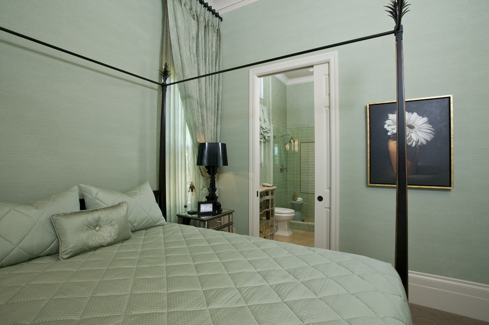 Mid-sized trendy guest carpeted and beige floor bedroom photo in Sacramento with green walls and no fireplace