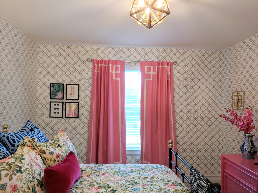 Retro guest bedroom in Detroit with blue walls, carpet and beige floors.