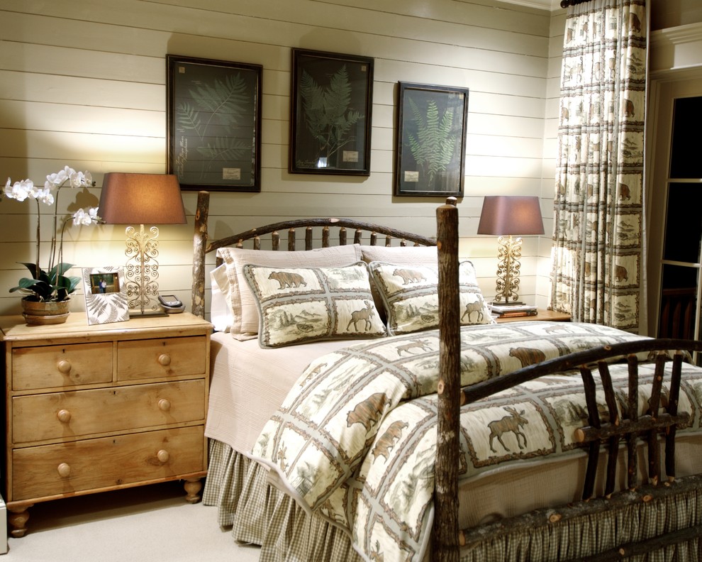 Стильный дизайн: спальня в стиле рустика с белыми стенами без камина - последний тренд