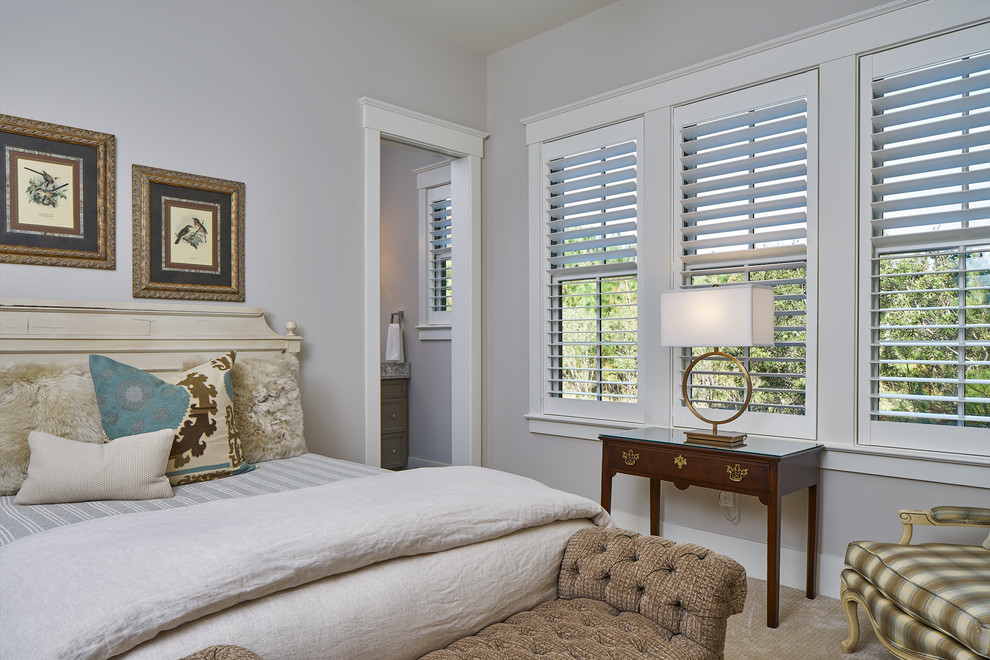 Пример оригинального дизайна: гостевая спальня среднего размера, (комната для гостей): освещение в стиле неоклассика (современная классика) с серыми стенами и ковровым покрытием