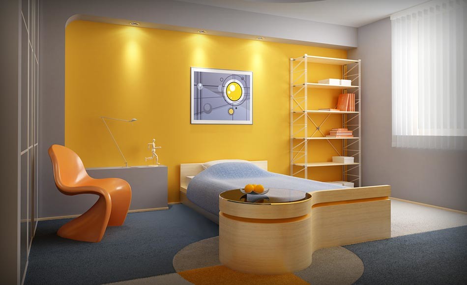 Ejemplo de habitación de invitados actual de tamaño medio sin chimenea con paredes multicolor, moqueta y suelo multicolor